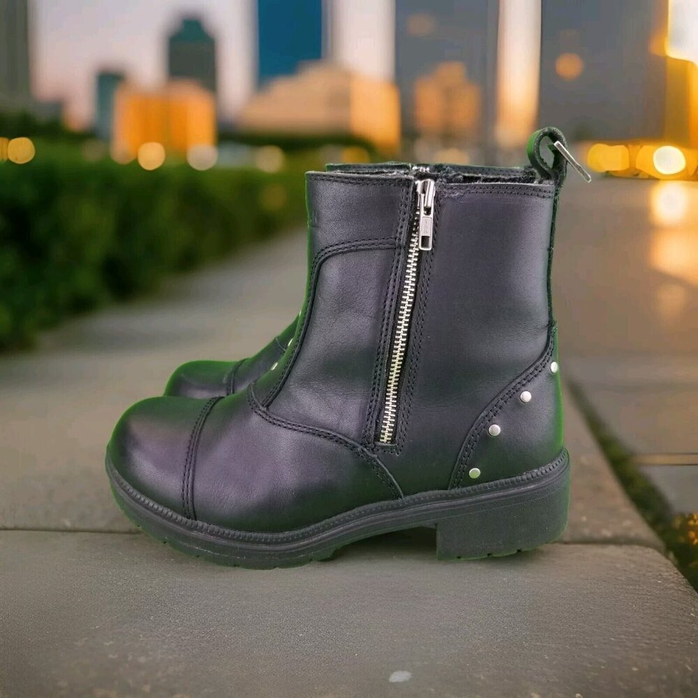 ✅Eddie Moran Womens 9 Black Leather Side Zip Ankle Biker/Road Boot Studded Lined